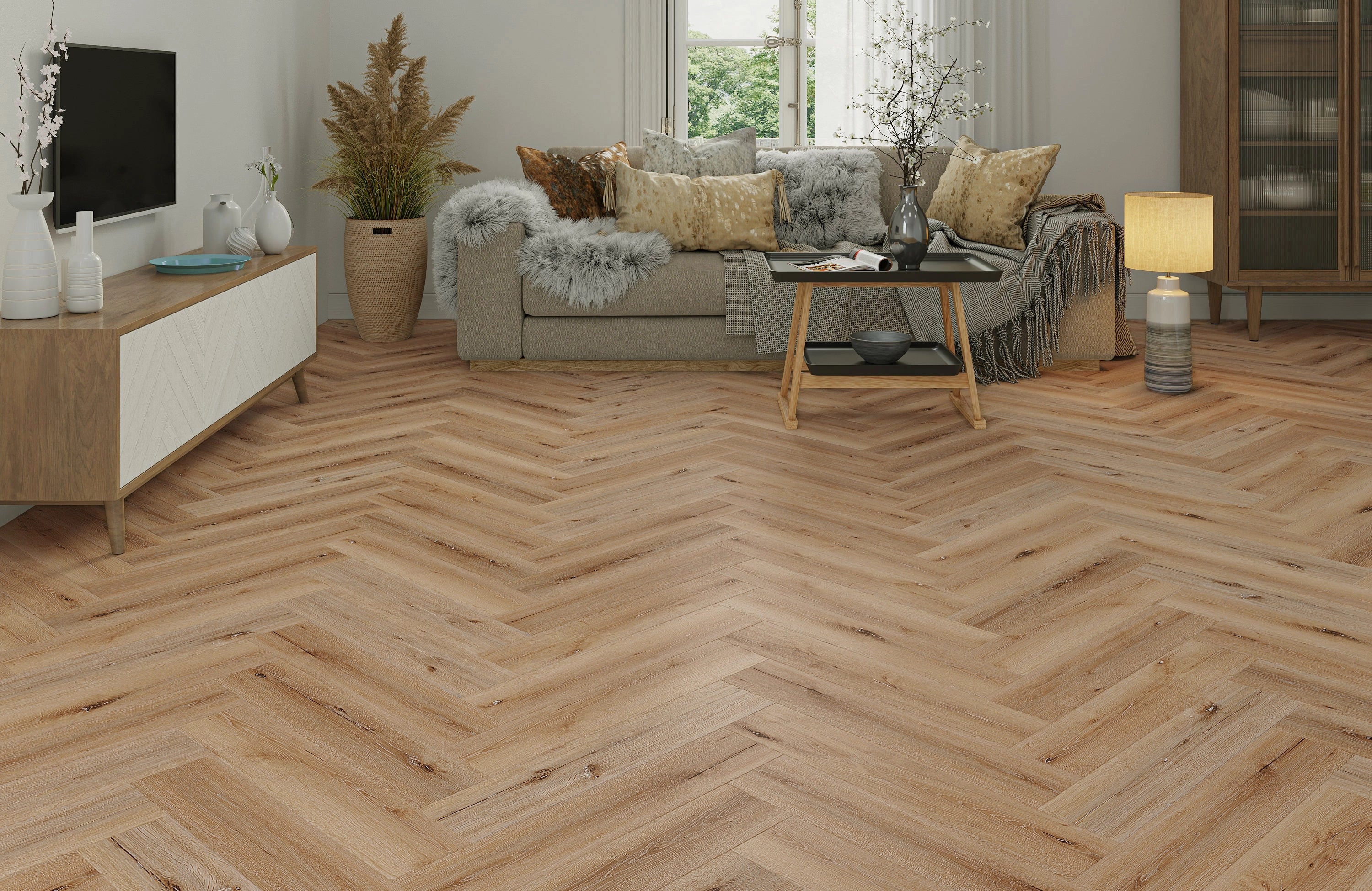 Waterproof Amber Oak Herringbone LVT Rigid Core SPC Click Luxury Vinyl Tile Flooring - Image 9